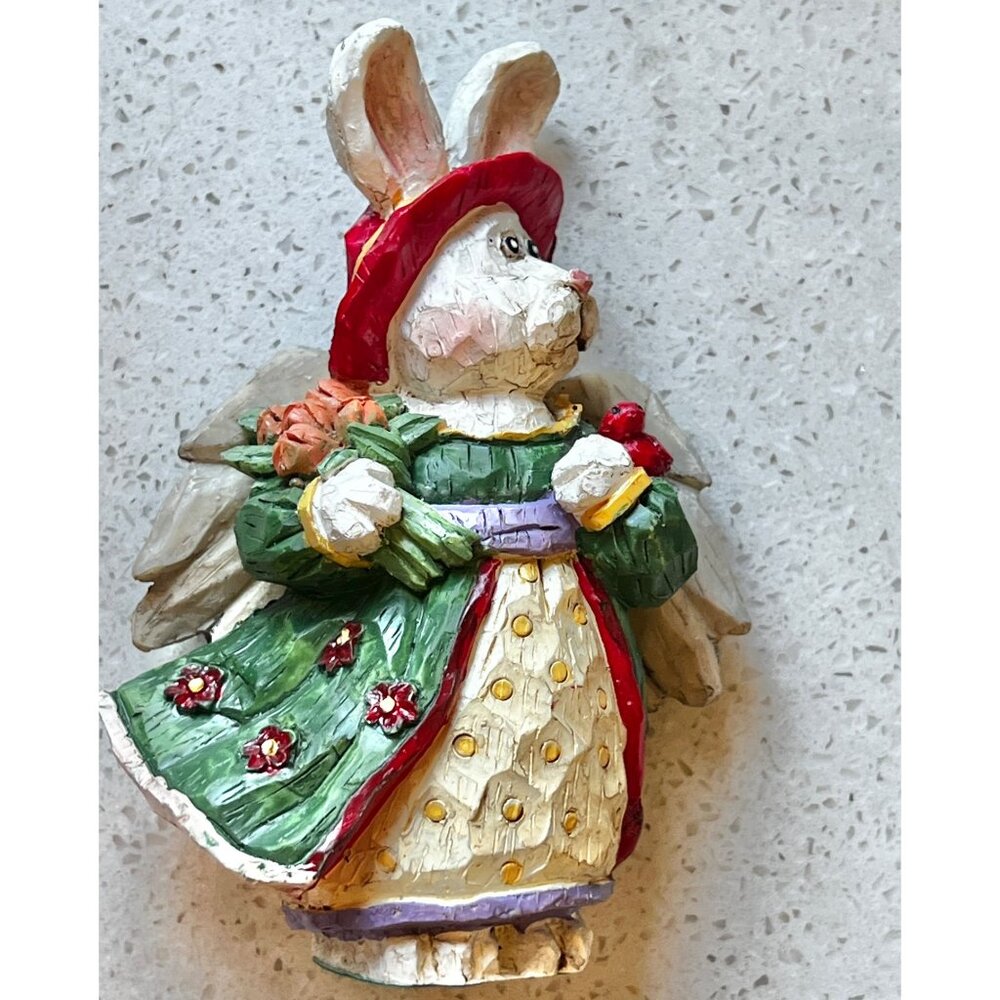 Two Bunny Garden Angel Figurines With Hats & Dresses Hand-Painted Decor - Picture 8 of 12
